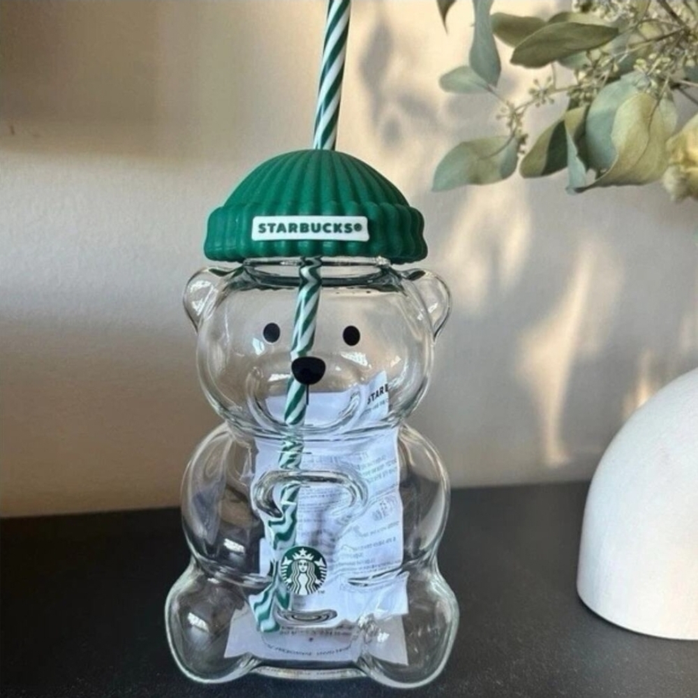 Starbucks Clear Bear Cup with Green Lid and Straw